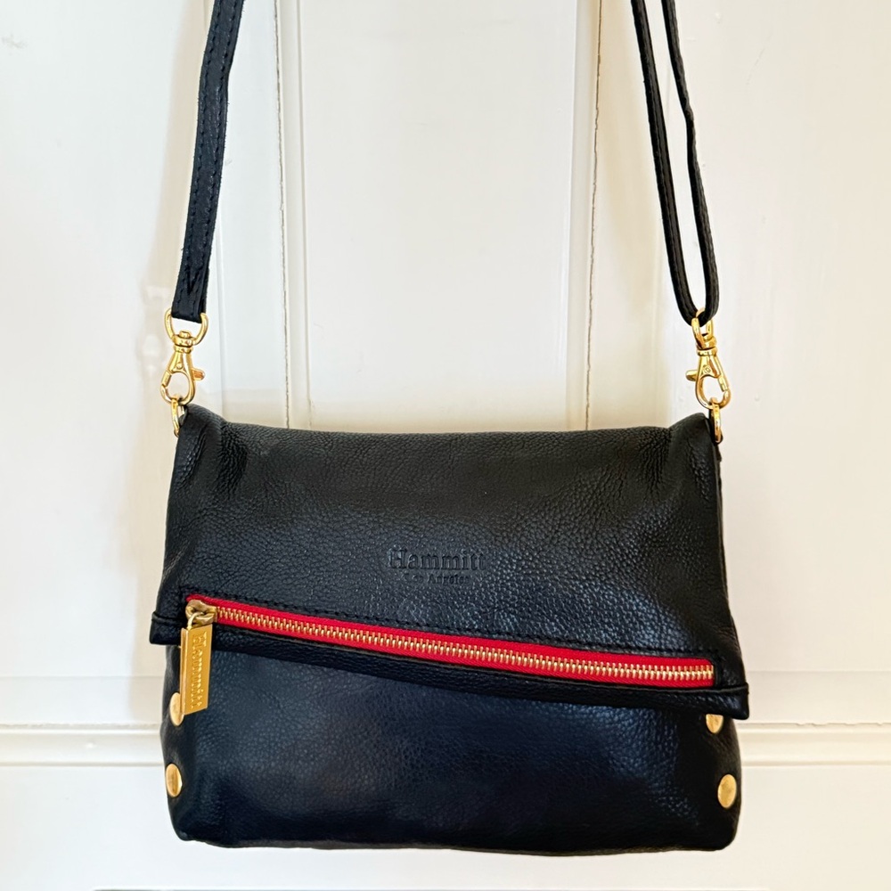 Hammitt Black Pebbled Leather Crossbody Red Zip Gold Hardware